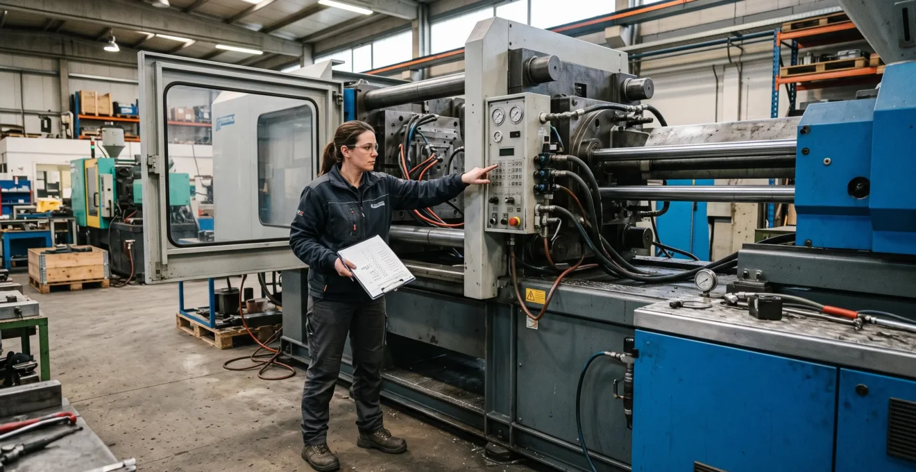 Un technicien de maintenance inspecte une presse à injecter dans un atelier plastique, check-list en main, devant l'unité hydraulique et le moule.