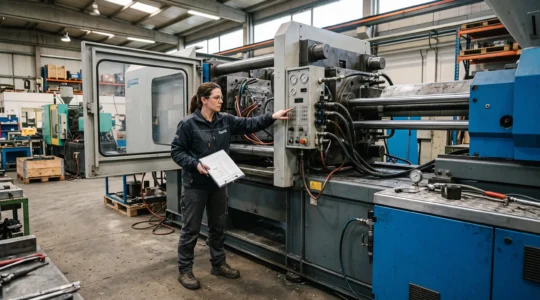 Un technicien de maintenance inspecte une presse à injecter dans un atelier plastique, check-list en main, devant l'unité hydraulique et le moule.