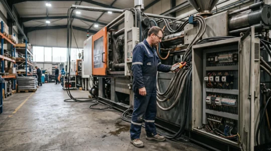 Un technicien mesure la consommation électrique d'une presse à injecter avec une pince ampèremétrique dans un atelier de plasturgie.