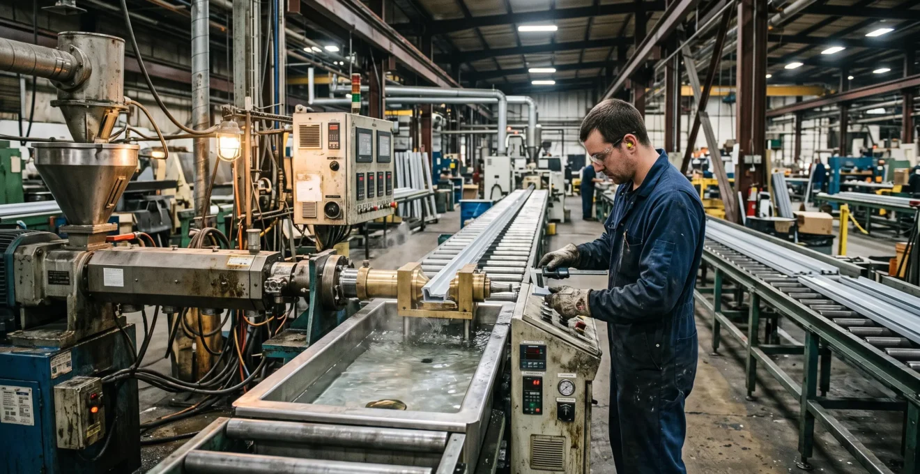 Un technicien mesure un profilé plastique sortant du calibreur d'une ligne d'extrusion à l'aide d'un pied à coulisse numérique.