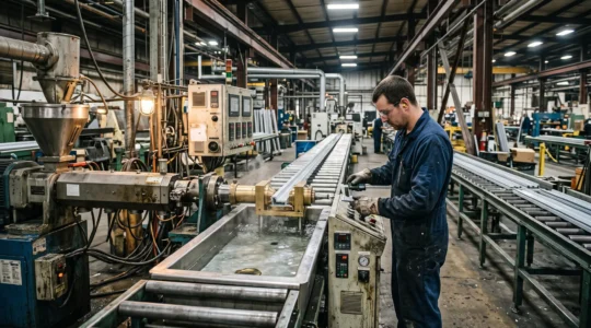 Un technicien mesure un profilé plastique sortant du calibreur d'une ligne d'extrusion à l'aide d'un pied à coulisse numérique.