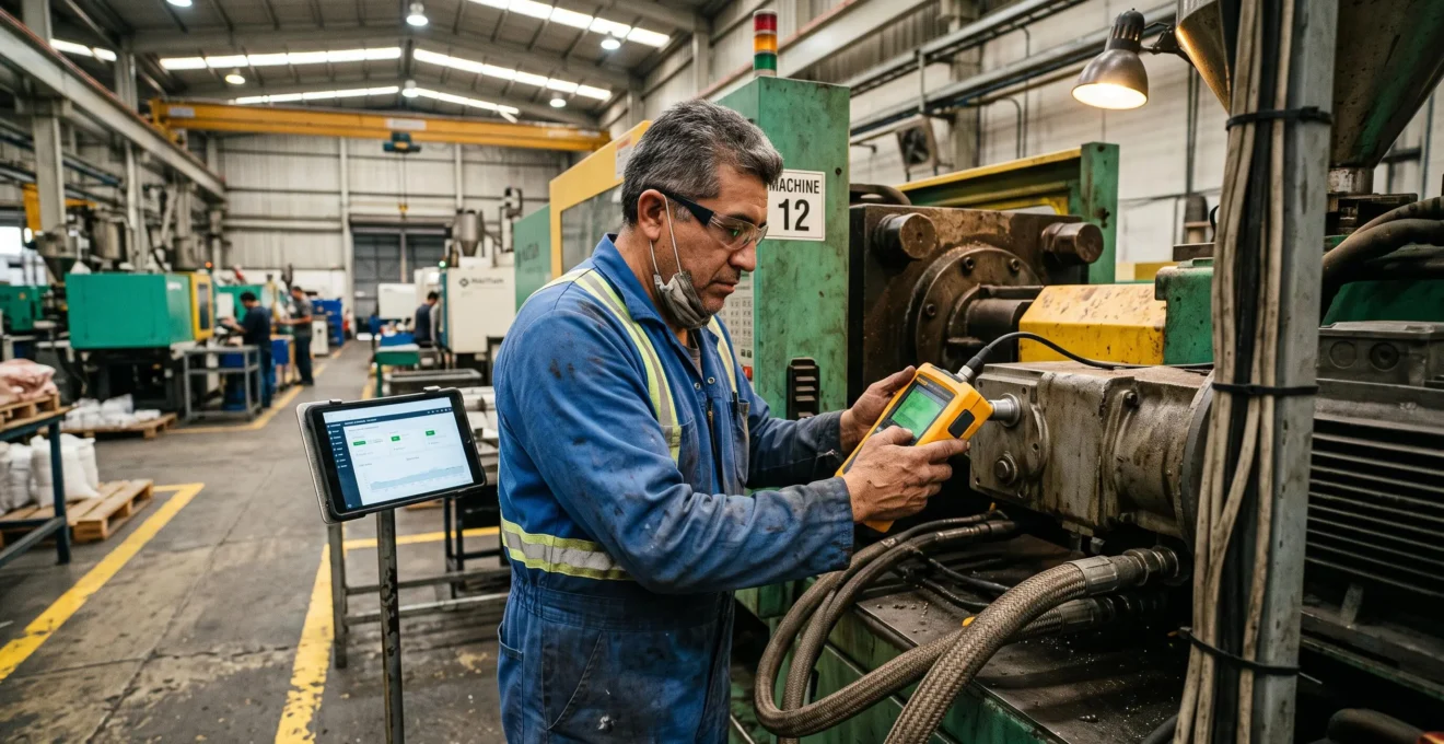 Un technicien de maintenance mesure les vibrations d'une presse à injecter à l'aide d'un analyseur portatif dans une usine de plasturgie.