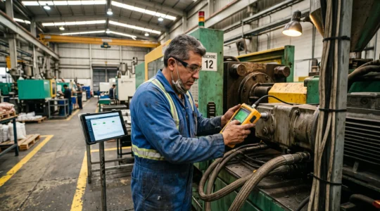 Un technicien de maintenance mesure les vibrations d'une presse à injecter à l'aide d'un analyseur portatif dans une usine de plasturgie.
