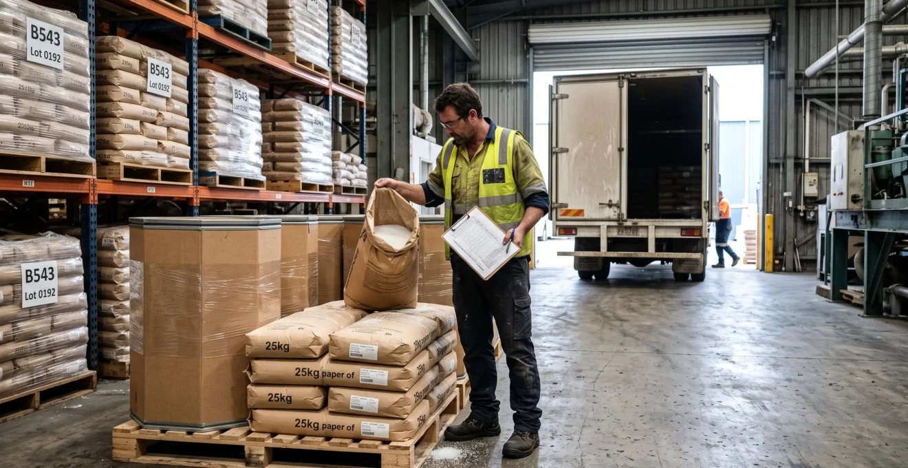 Un technicien inspecte des sacs de granulés polymères sur une palette dans l'entrepôt d'une usine plastique, camion de livraison à l'arrière-plan.