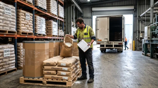 Un technicien inspecte des sacs de granulés polymères sur une palette dans l'entrepôt d'une usine plastique, camion de livraison à l'arrière-plan.