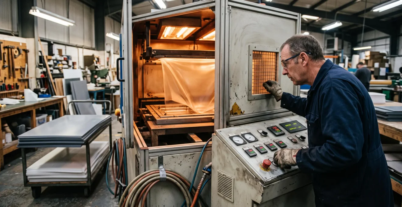 Un technicien règle les températures d'un four de thermoformage en fonctionnement dans un atelier de plasturgie.