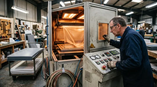 Un technicien règle les températures d'un four de thermoformage en fonctionnement dans un atelier de plasturgie.