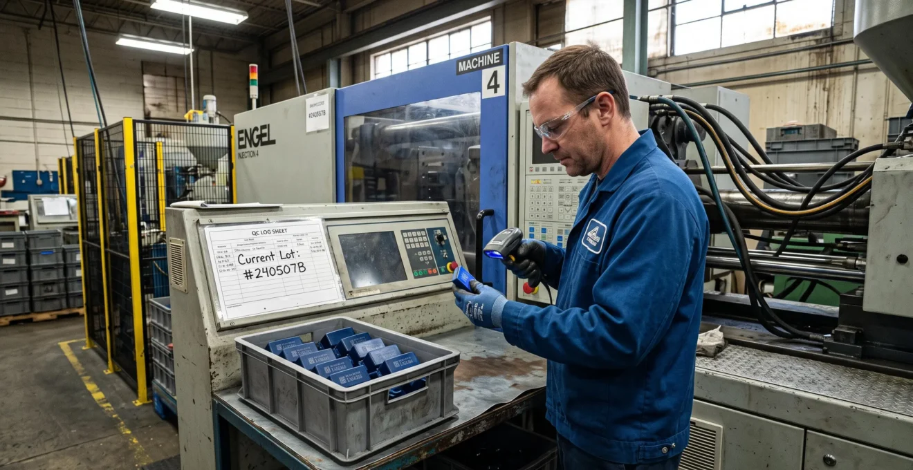 Un technicien qualité scanne le code marqué sur une pièce plastique moulée devant une presse d'injection, dans un atelier industriel.