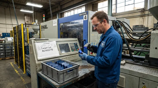 Un technicien qualité scanne le code marqué sur une pièce plastique moulée devant une presse d'injection, dans un atelier industriel.