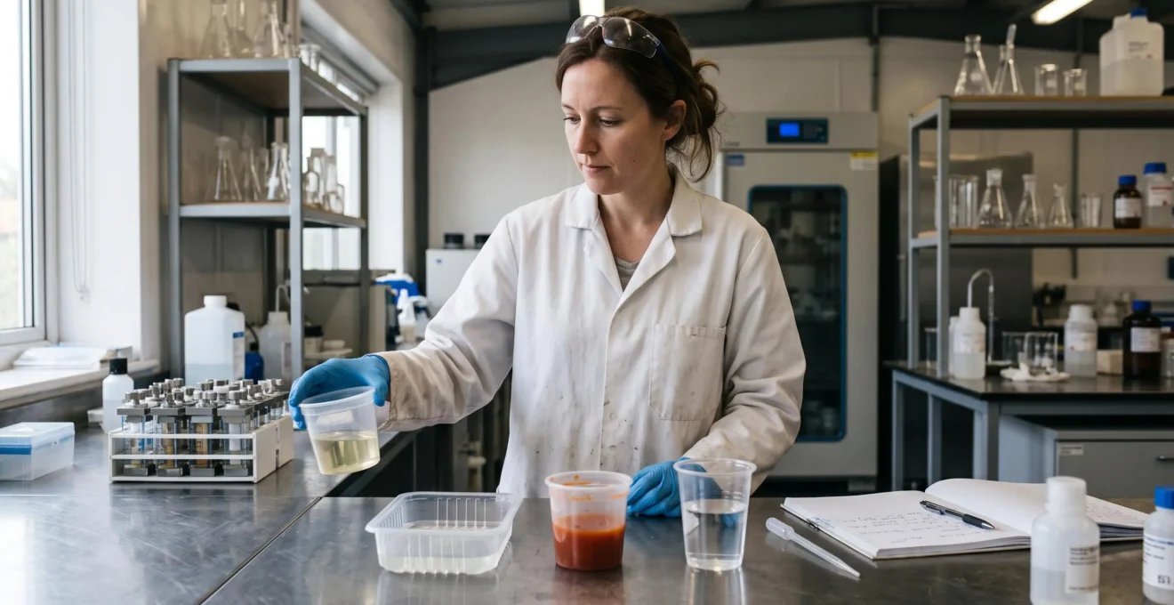 Une technicienne qualité en blouse blanche et gants bleus compare des contenants en plastique remplis de liquides variés sur un plan de travail en acier inoxydable d'un laboratoire.