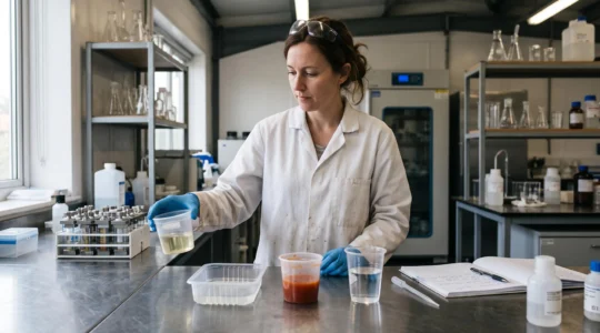 Une technicienne qualité en blouse blanche et gants bleus compare des contenants en plastique remplis de liquides variés sur un plan de travail en acier inoxydable d'un laboratoire.