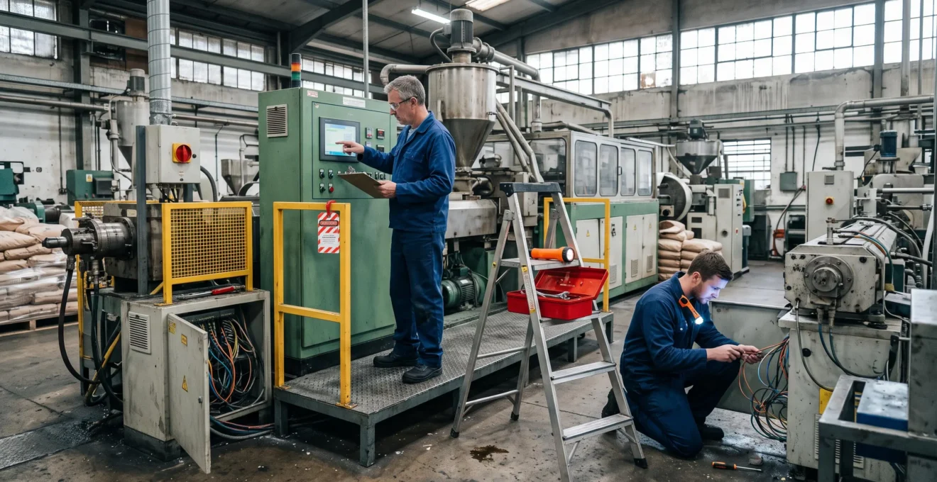 Deux techniciens de maintenance examinent une ligne d'extrusion arrêtée dans une usine de plasturgie, l'un pointant le pupitre de commande, l'autre inspectant un armoire électrique ouverte.