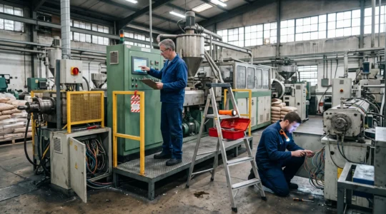 Deux techniciens de maintenance examinent une ligne d'extrusion arrêtée dans une usine de plasturgie, l'un pointant le pupitre de commande, l'autre inspectant un armoire électrique ouverte.