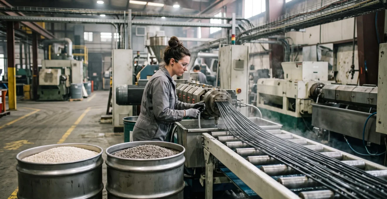Une technicienne de production observe une ligne d'extrusion de granulés plastiques dans une usine de transformation de polymères.